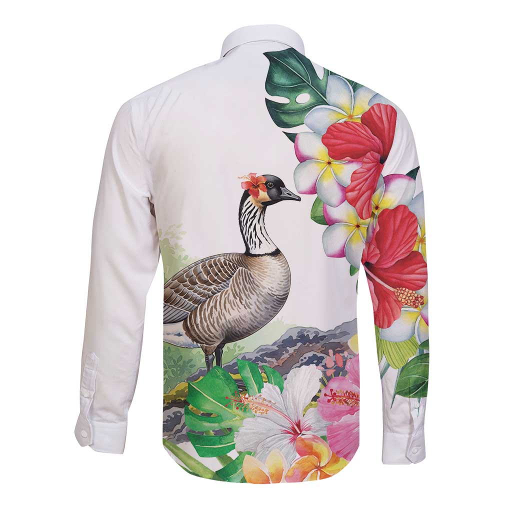 Aloha Hawaii Nene Goose Long Sleeve Button Shirt Tropical Flowers Watercolor Stylized LT14 - Polynesian Pride