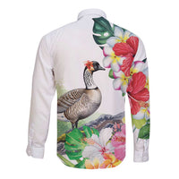 Aloha Hawaii Nene Goose Long Sleeve Button Shirt Tropical Flowers Watercolor Stylized LT14 - Polynesian Pride