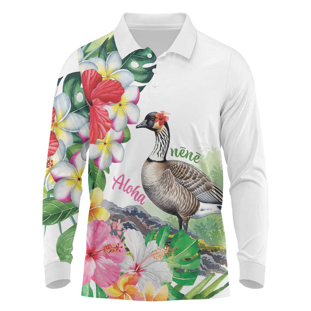 Aloha Hawaii Nene Goose Long Sleeve Polo Shirt Tropical Flowers Watercolor Stylized LT14 White - Polynesian Pride