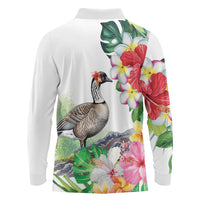 Aloha Hawaii Nene Goose Long Sleeve Polo Shirt Tropical Flowers Watercolor Stylized LT14 - Polynesian Pride