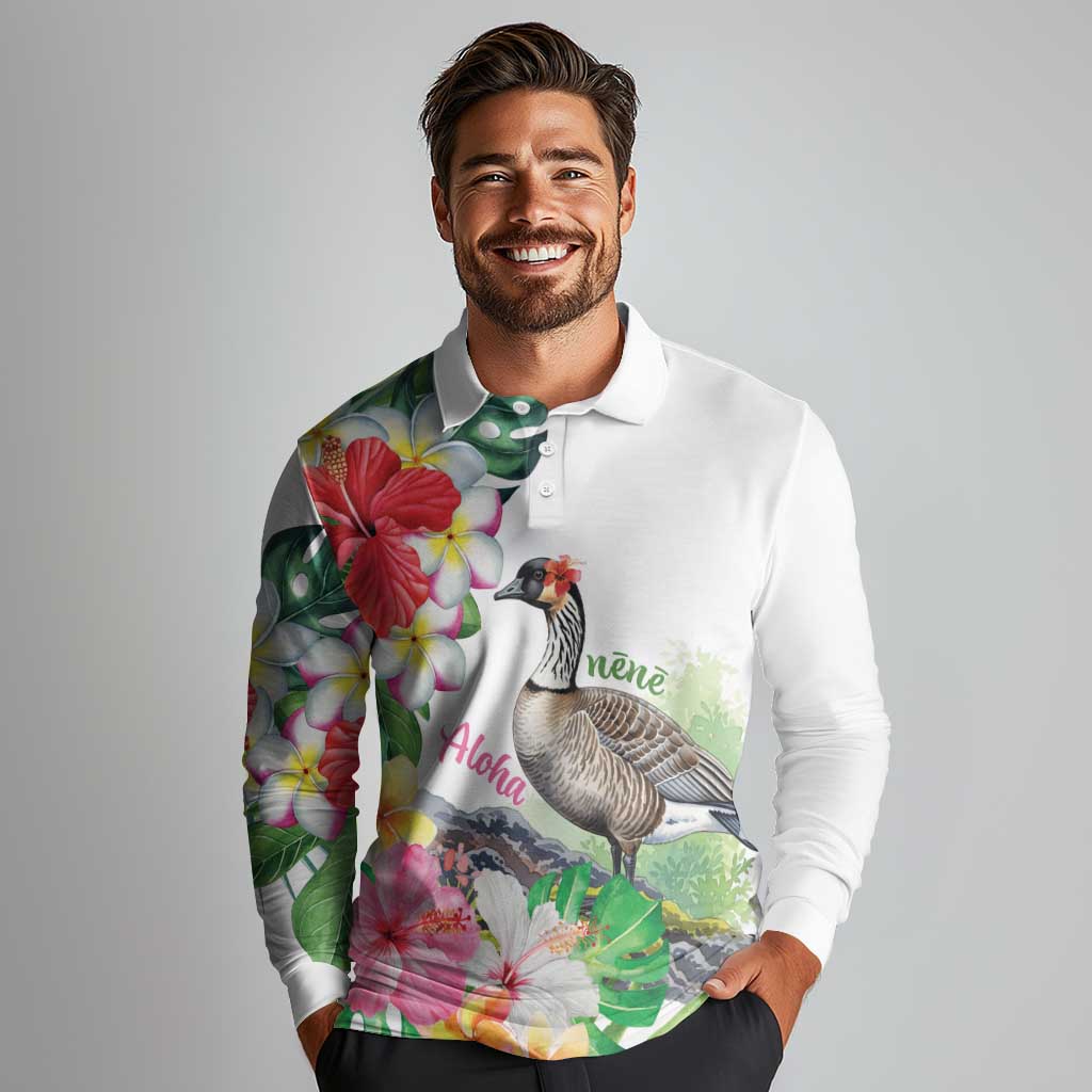 Aloha Hawaii Nene Goose Long Sleeve Polo Shirt Tropical Flowers Watercolor Stylized LT14 - Polynesian Pride