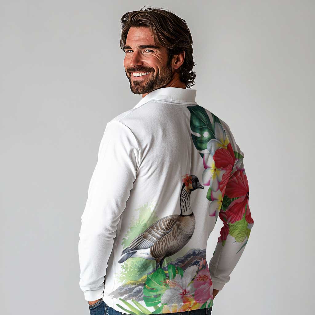 Aloha Hawaii Nene Goose Long Sleeve Polo Shirt Tropical Flowers Watercolor Stylized LT14 - Polynesian Pride