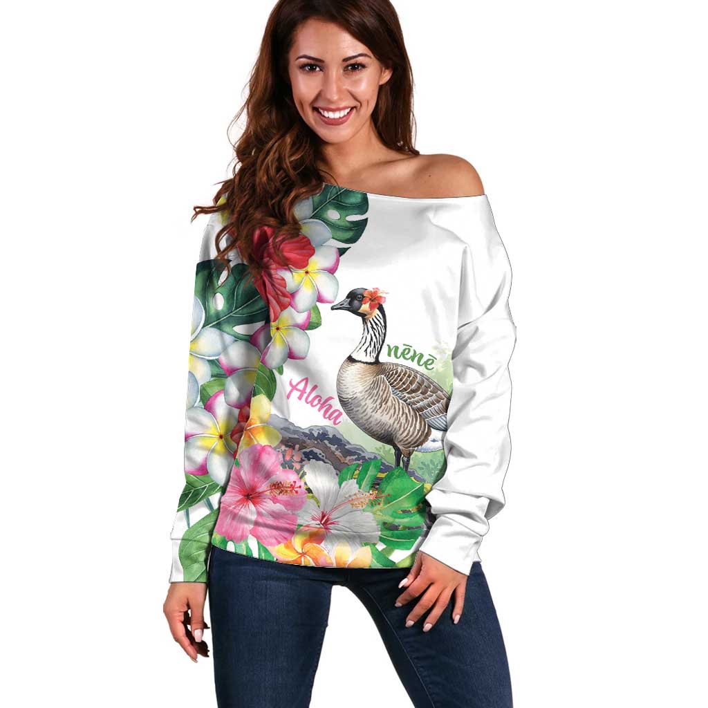 Aloha Hawaii Nene Goose Off Shoulder Sweater Tropical Flowers Watercolor Stylized - Polynesian Pride
