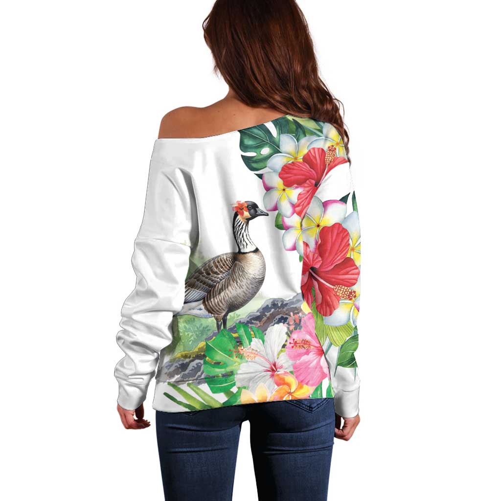 Aloha Hawaii Nene Goose Off Shoulder Sweater Tropical Flowers Watercolor Stylized - Polynesian Pride
