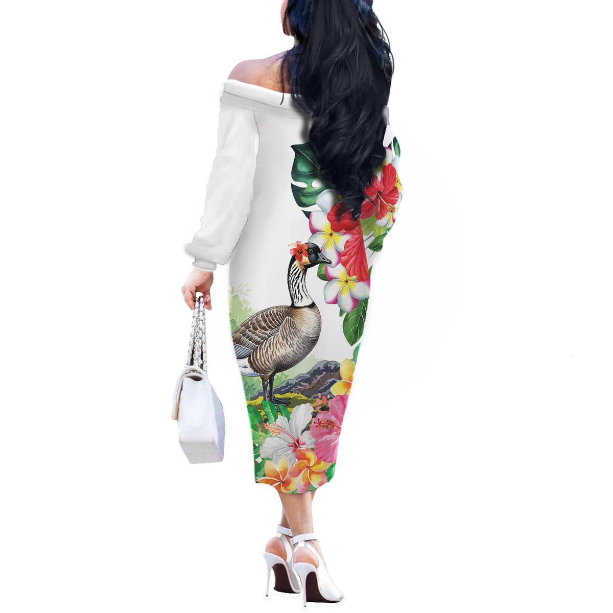 Aloha Hawaii Nene Goose Off The Shoulder Long Sleeve Dress Tropical Flowers Watercolor Stylized - Polynesian Pride