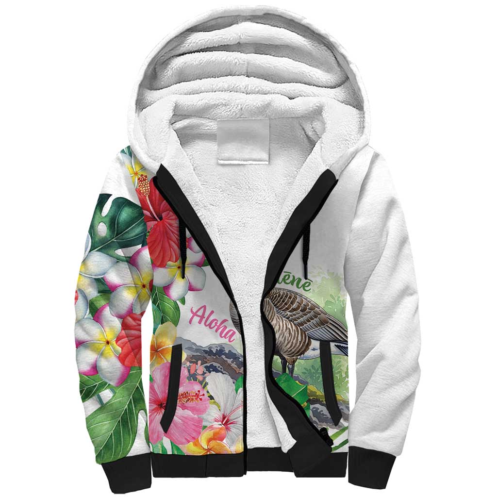 Aloha Hawaii Nene Goose Sherpa Hoodie Tropical Flowers Watercolor Stylized LT14 Unisex White - Polynesian Pride