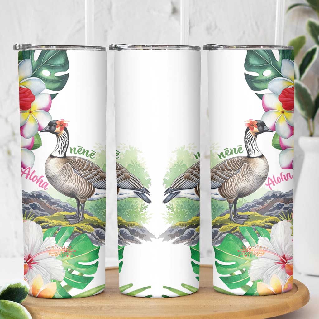 Aloha Hawaii Nene Goose Skinny Tumbler Tropical Flowers Watercolor Stylized - Polynesian Pride