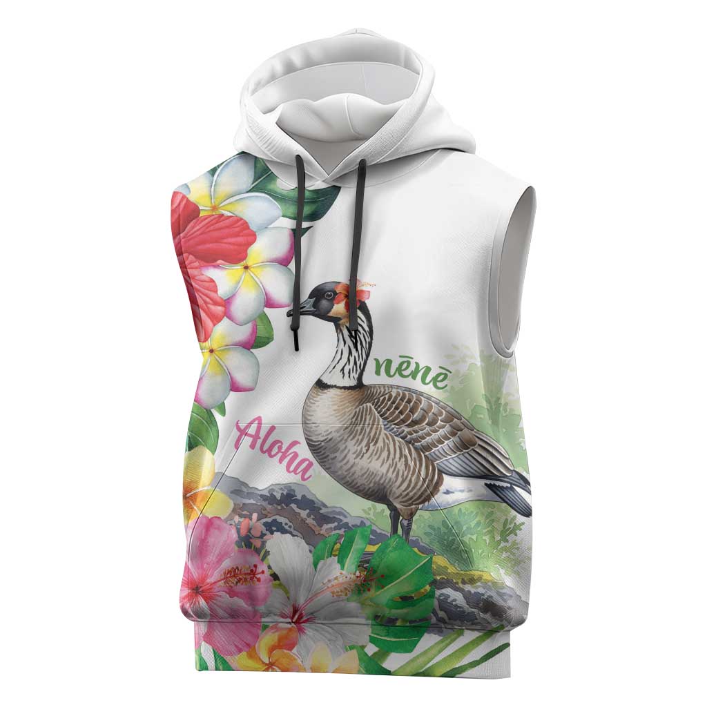 Aloha Hawaii Nene Goose Sleeveless Hoodie Tropical Flowers Watercolor Stylized LT14 White - Polynesian Pride