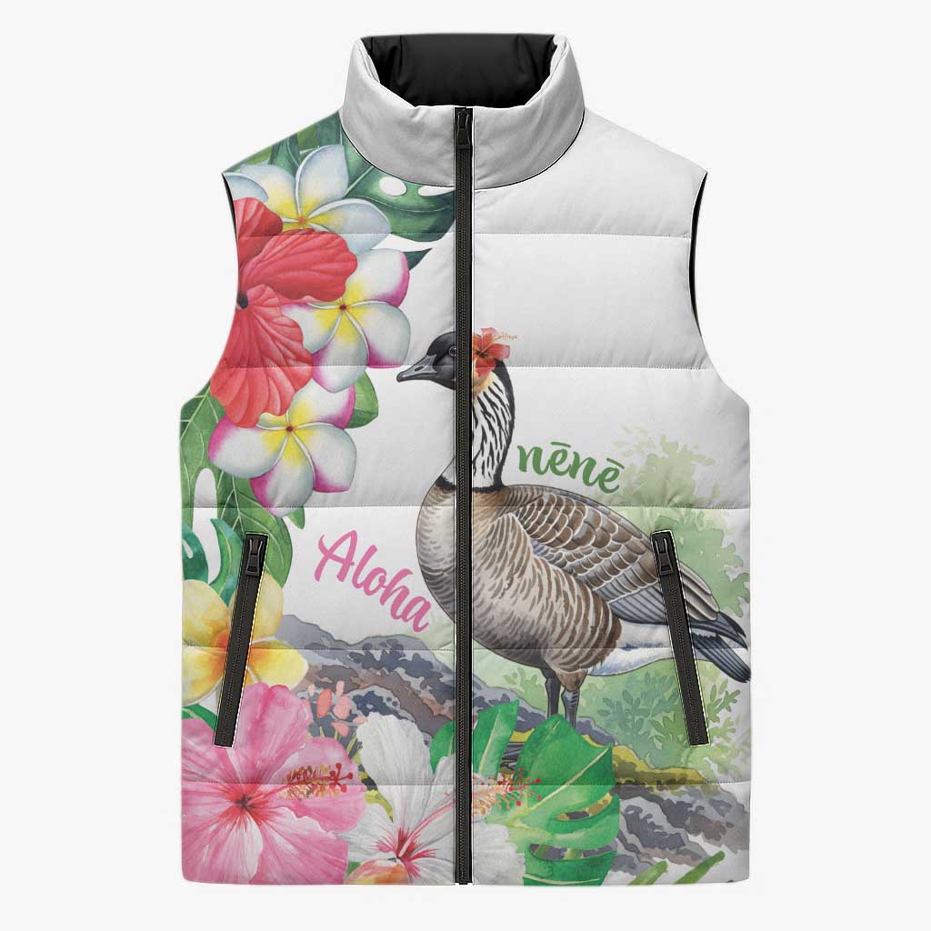 Aloha Hawaii Nene Goose Sleeveless Puffer Jacket Tropical Flowers Watercolor Stylized LT14 Unisex White - Polynesian Pride