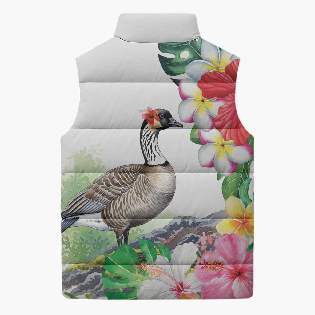 Aloha Hawaii Nene Goose Sleeveless Puffer Jacket Tropical Flowers Watercolor Stylized LT14 - Polynesian Pride