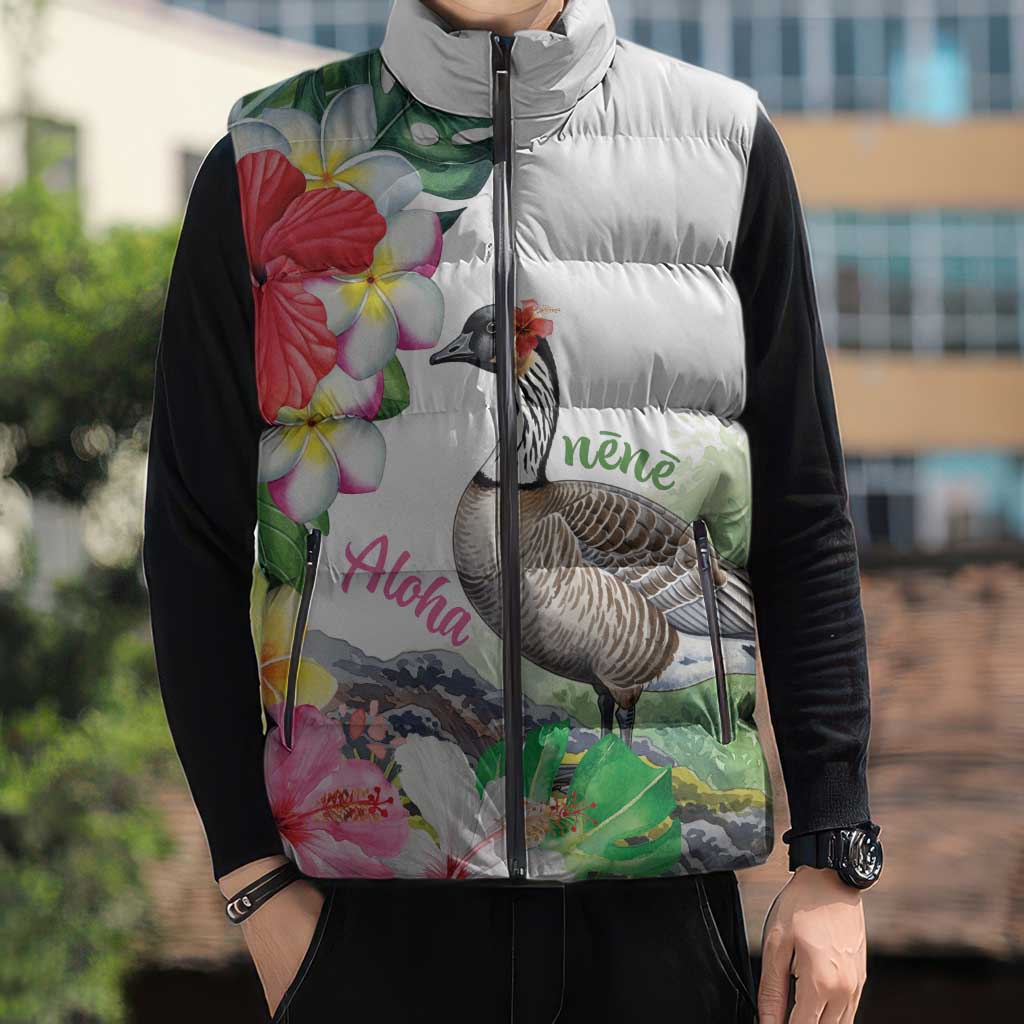 Aloha Hawaii Nene Goose Sleeveless Puffer Jacket Tropical Flowers Watercolor Stylized LT14 - Polynesian Pride