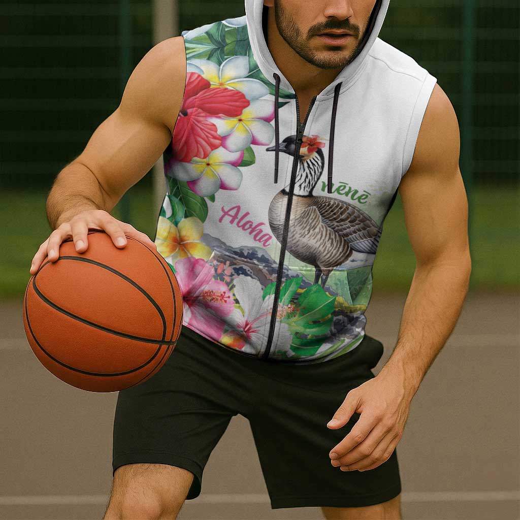 Aloha Hawaii Nene Goose Sleeveless Zip Hoodie Tropical Flowers Watercolor Stylized LT14 - Polynesian Pride
