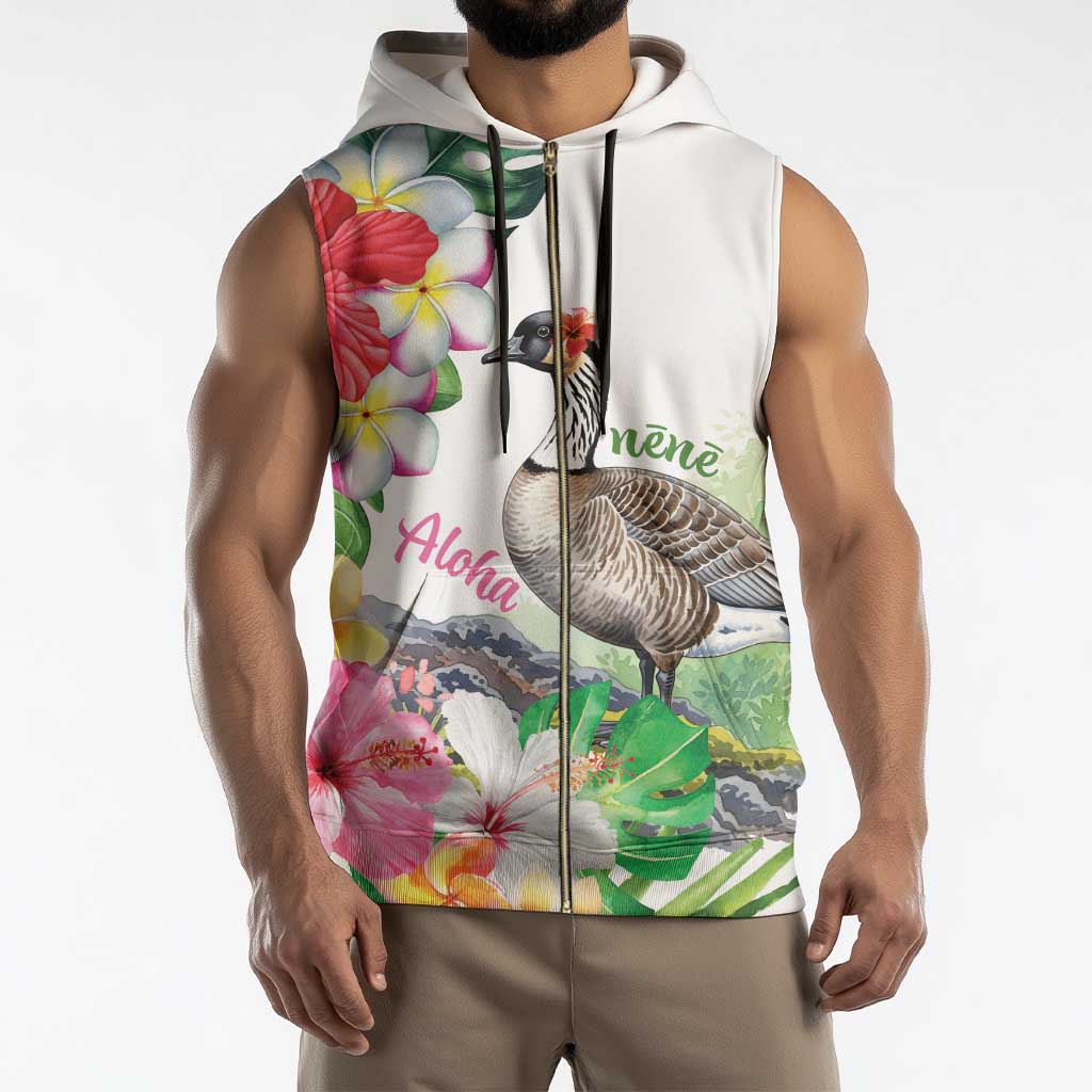 Aloha Hawaii Nene Goose Sleeveless Zip Hoodie Tropical Flowers Watercolor Stylized - Polynesian Pride
