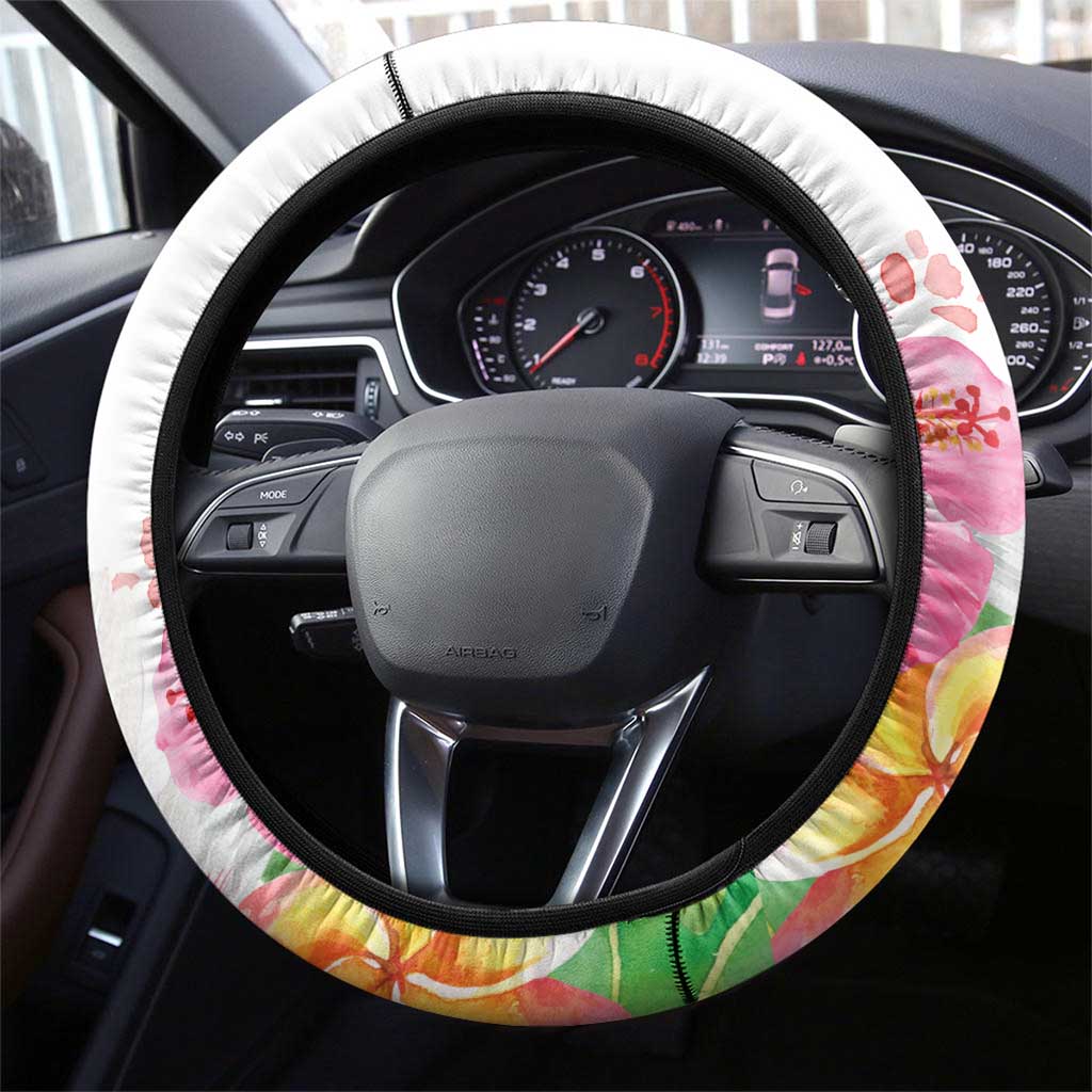 Aloha Hawaii Nene Goose Steering Wheel Cover Tropical Flowers Watercolor Stylized - Polynesian Pride