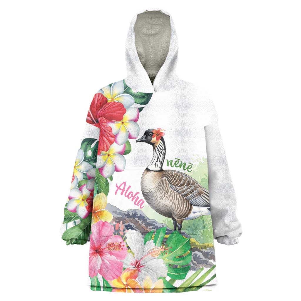 Aloha Hawaii Nene Goose Wearable Blanket Hoodie Tropical Flowers Watercolor Stylized LT14 One Size White - Polynesian Pride