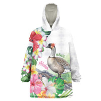 Aloha Hawaii Nene Goose Wearable Blanket Hoodie Tropical Flowers Watercolor Stylized LT14 One Size White - Polynesian Pride