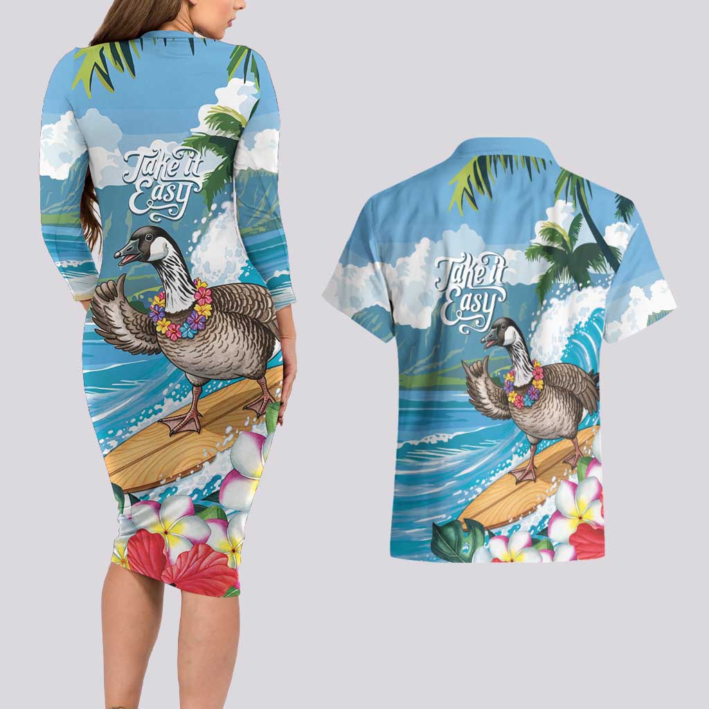 Aloha Hawaii Shaka Nene Goose Couples Matching Long Sleeve Bodycon Dress and Hawaiian Shirt Surfing Take It Easy - Polynesian Pride