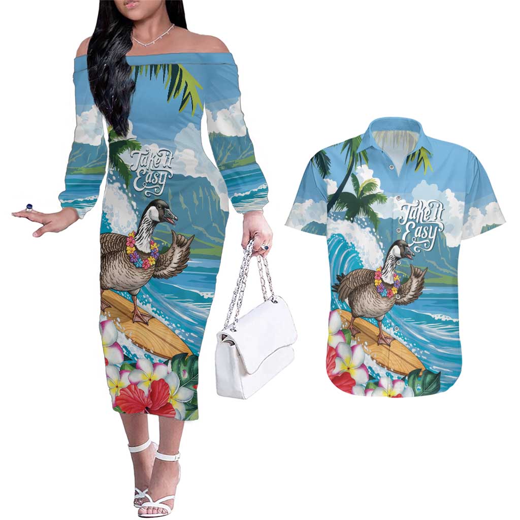 Aloha Hawaii Shaka Nene Goose Couples Matching Off The Shoulder Long Sleeve Dress and Hawaiian Shirt Surfing Take It Easy - Polynesian Pride