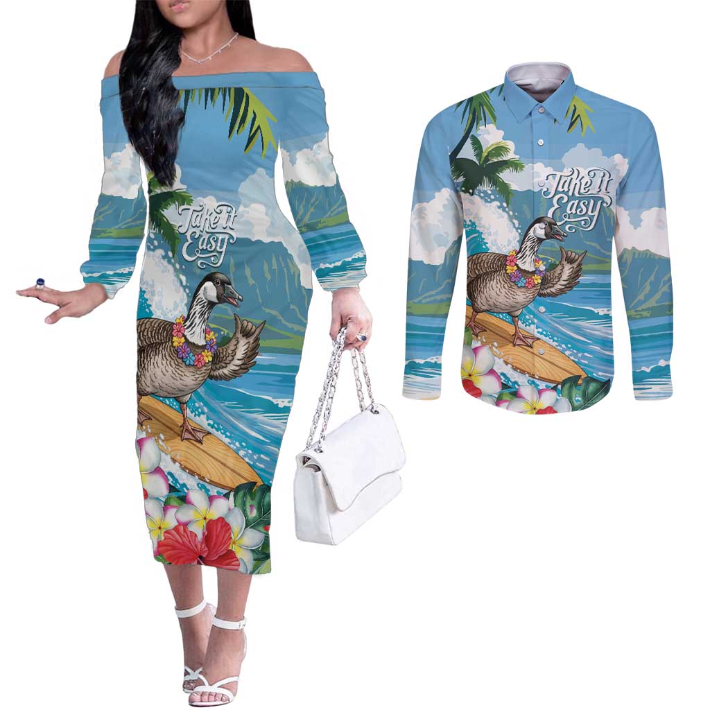 Aloha Hawaii Shaka Nene Goose Couples Matching Off The Shoulder Long Sleeve Dress and Long Sleeve Button Shirt Surfing Take It Easy - Polynesian Pride