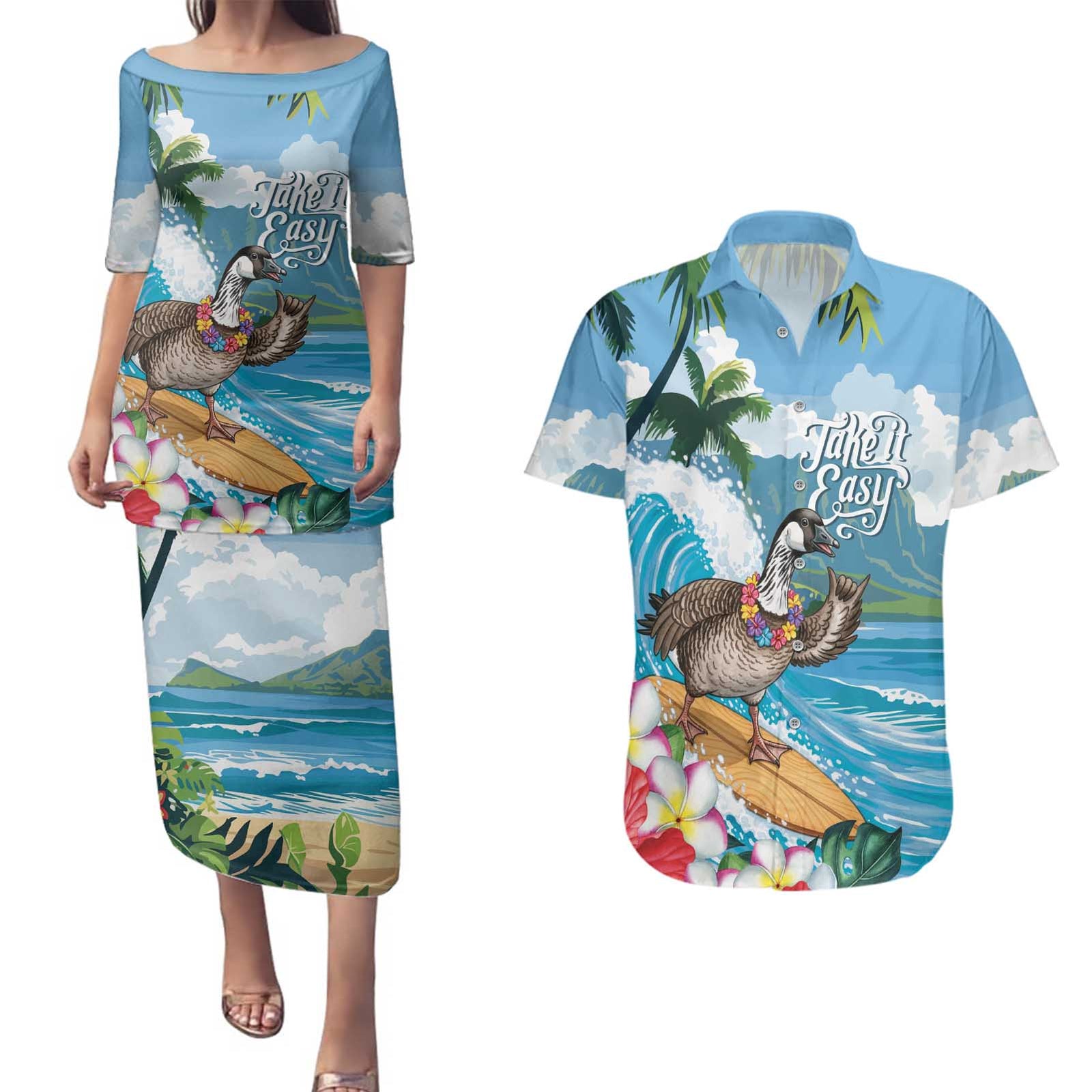 Aloha Hawaii Shaka Nene Goose Couples Matching Puletasi and Hawaiian Shirt Surfing Take It Easy LT14 Blue - Polynesian Pride