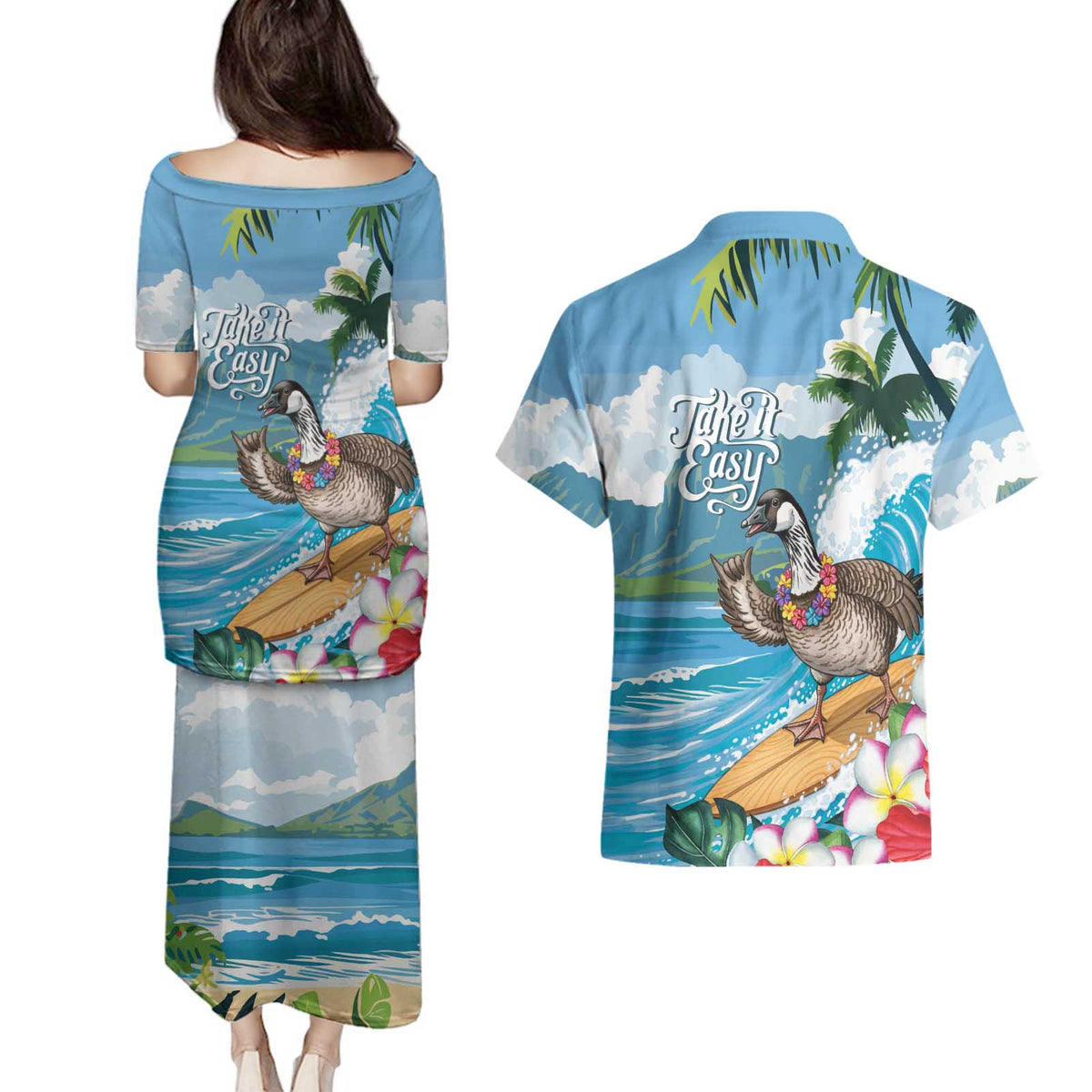 Aloha Hawaii Shaka Nene Goose Couples Matching Puletasi and Hawaiian Shirt Surfing Take It Easy LT14 - Polynesian Pride