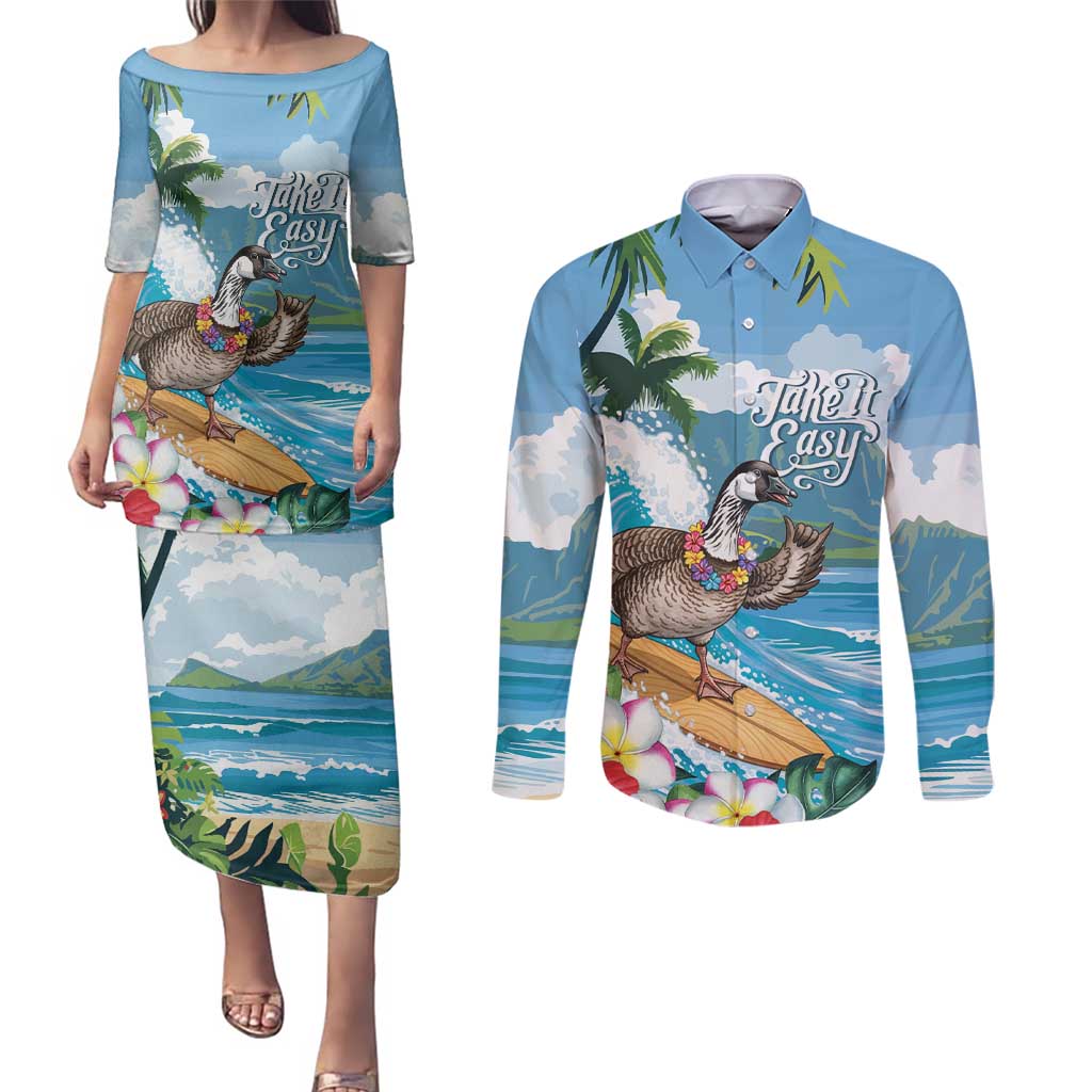 Aloha Hawaii Shaka Nene Goose Couples Matching Puletasi and Long Sleeve Button Shirt Surfing Take It Easy LT14 Blue - Polynesian Pride