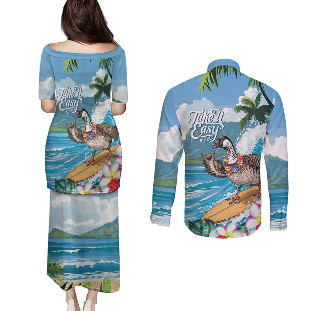 Aloha Hawaii Shaka Nene Goose Couples Matching Puletasi and Long Sleeve Button Shirt Surfing Take It Easy LT14 - Polynesian Pride