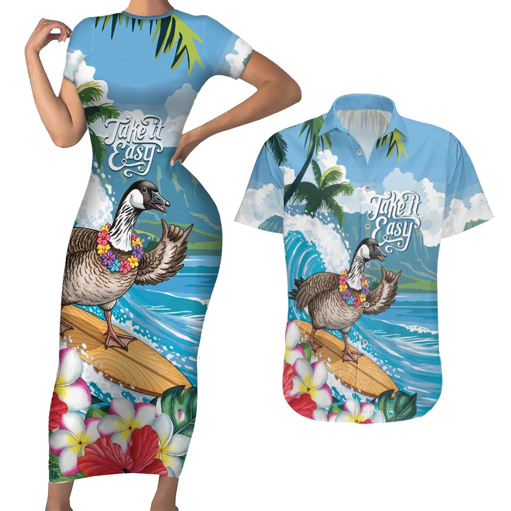 Aloha Hawaii Shaka Nene Goose Couples Matching Short Sleeve Bodycon Dress and Hawaiian Shirt Surfing Take It Easy - Polynesian Pride