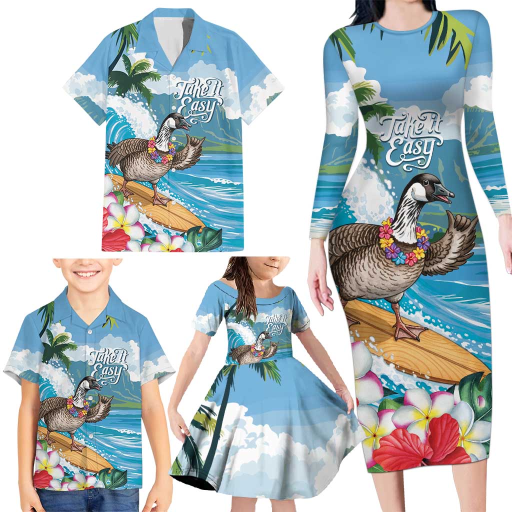 Aloha Hawaii Shaka Nene Goose Family Matching Long Sleeve Bodycon Dress and Hawaiian Shirt Surfing Take It Easy - Polynesian Pride