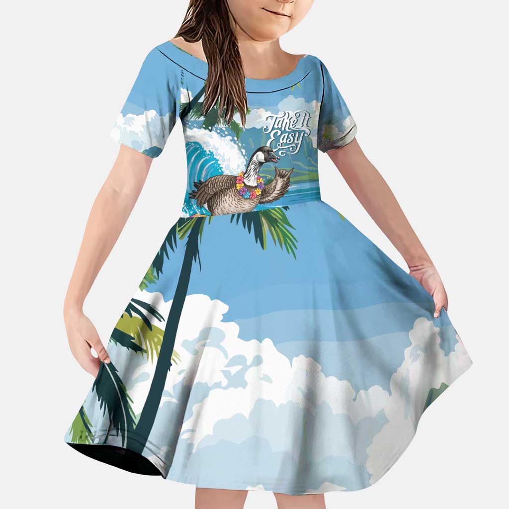 Aloha Hawaii Shaka Nene Goose Family Matching Puletasi and Hawaiian Shirt Surfing Take It Easy LT14 Daughter's Dress Blue - Polynesian Pride