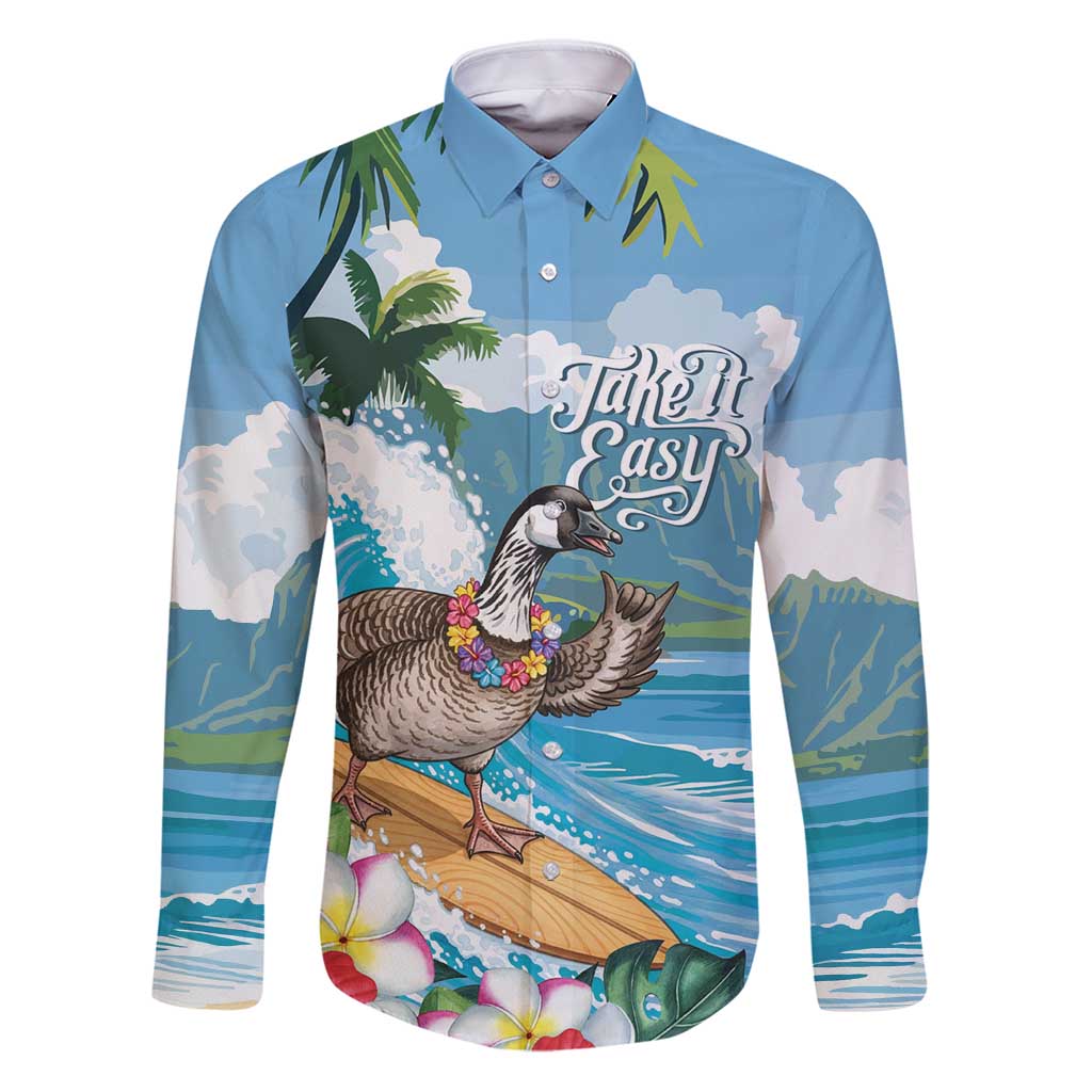Aloha Hawaii Shaka Nene Goose Family Matching Puletasi and Hawaiian Shirt Surfing Take It Easy LT14 Dad's Shirt - Long Sleeve Blue - Polynesian Pride