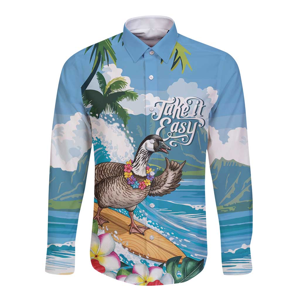 Aloha Hawaii Shaka Nene Goose Long Sleeve Button Shirt Surfing Take It Easy LT14 Unisex Blue - Polynesian Pride