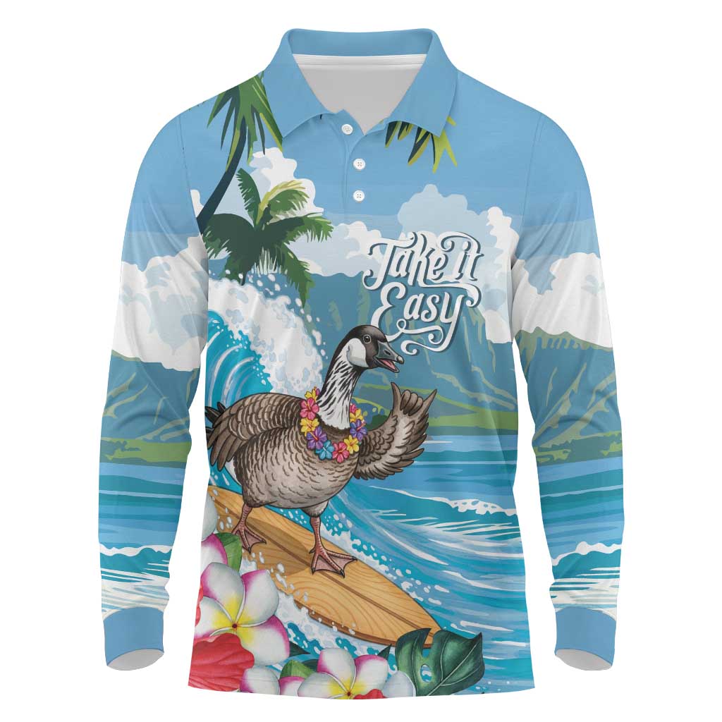 Aloha Hawaii Shaka Nene Goose Long Sleeve Polo Shirt Surfing Take It Easy LT14 Blue - Polynesian Pride