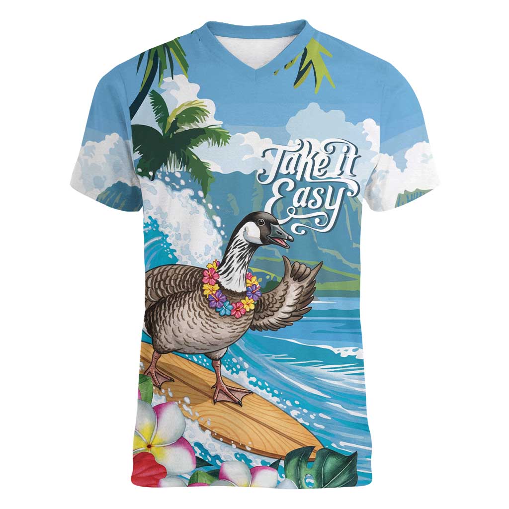 Aloha Hawaii Shaka Nene Goose Women V-Neck T-Shirt Surfing Take It Easy - Polynesian Pride