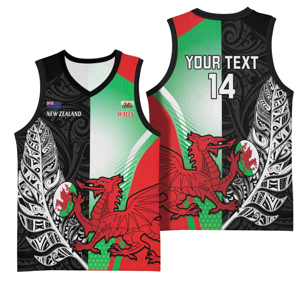 New Zealand and Wales Rugby Custom Basketball Jersey Aotearoa All Black Combine Welsh Dragon - Polynesian Pride
