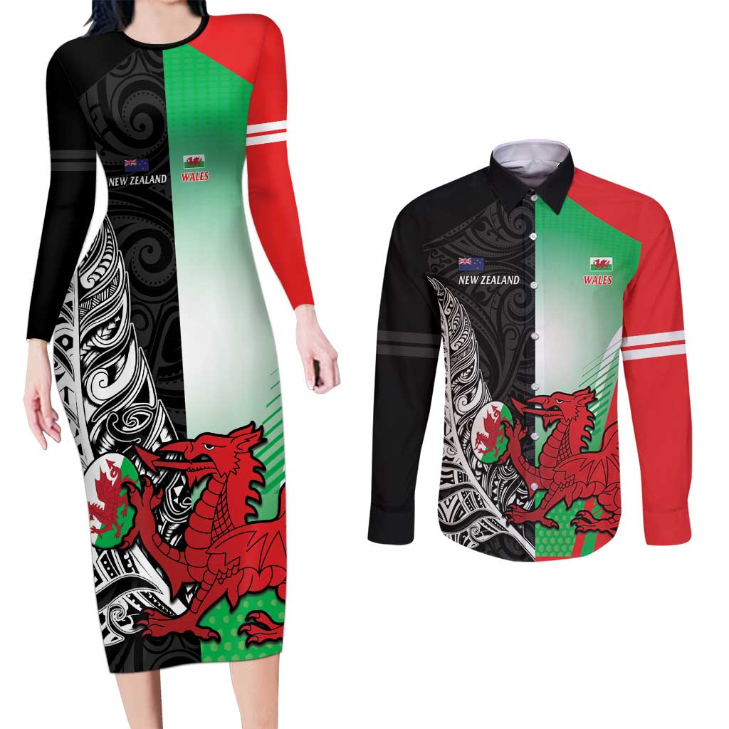 New Zealand and Wales Rugby Custom Couples Matching Long Sleeve Bodycon Dress and Long Sleeve Button Shirt Aotearoa All Black Combine Welsh Dragon - Polynesian Pride