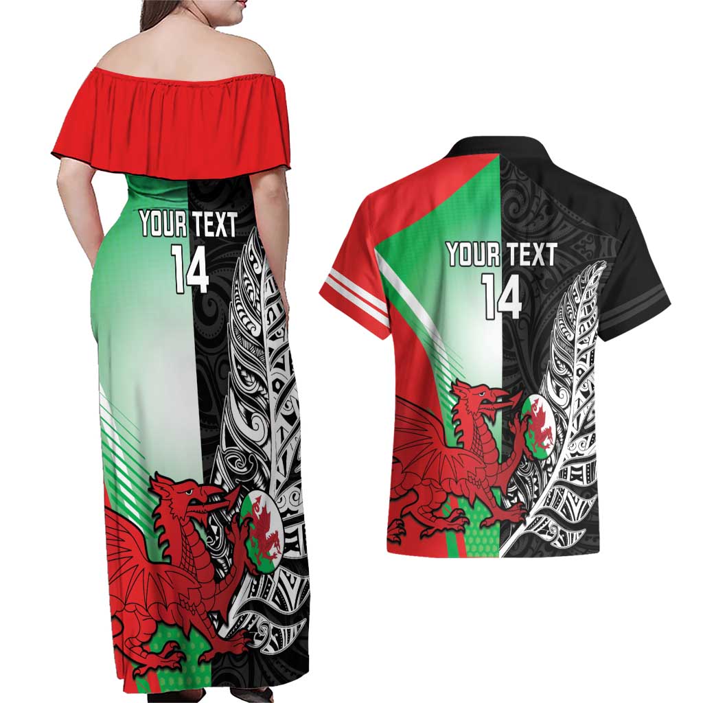 New Zealand and Wales Rugby Custom Couples Matching Off Shoulder Maxi Dress and Hawaiian Shirt Aotearoa All Black Combine Welsh Dragon - Polynesian Pride