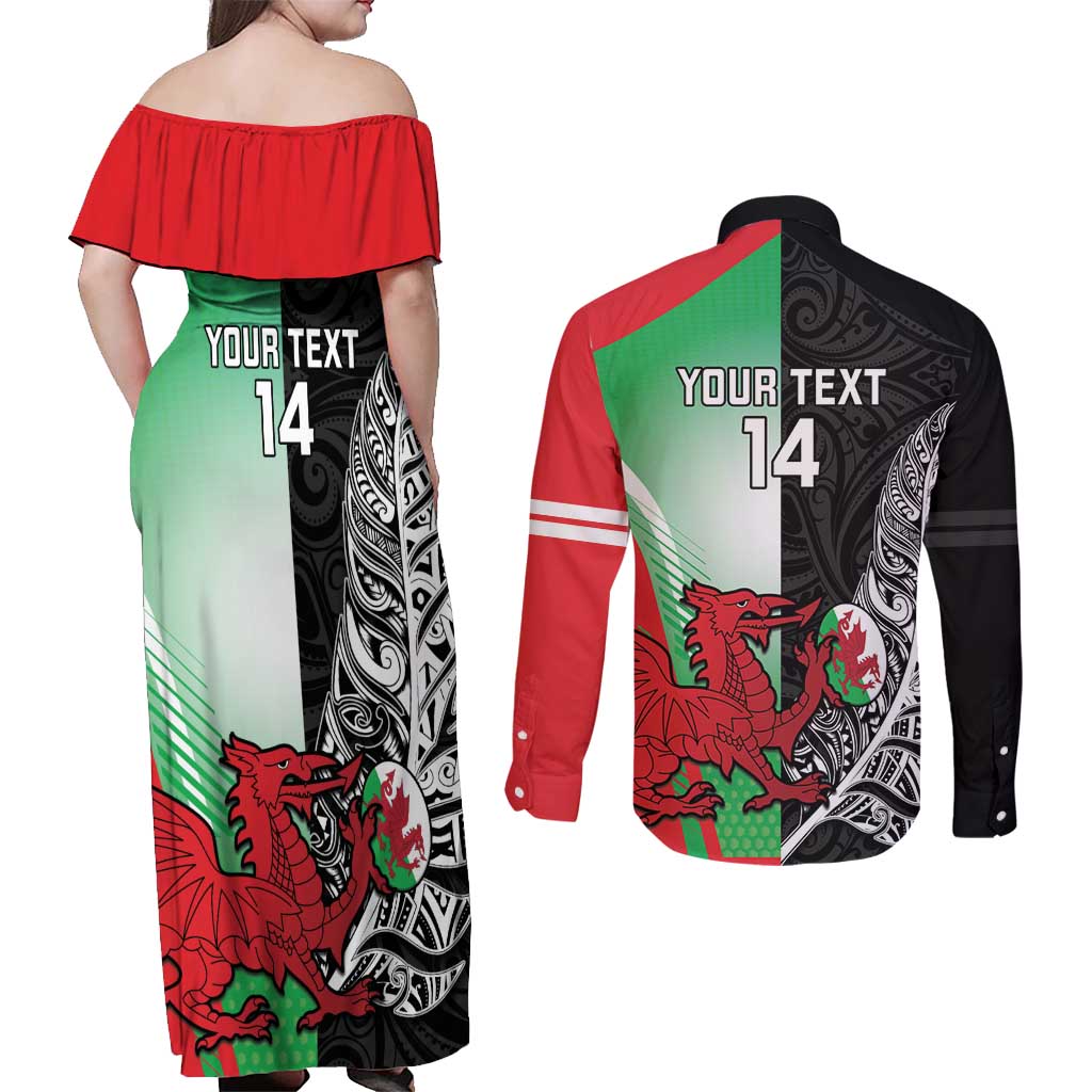 New Zealand and Wales Rugby Custom Couples Matching Off Shoulder Maxi Dress and Long Sleeve Button Shirt Aotearoa All Black Combine Welsh Dragon - Polynesian Pride