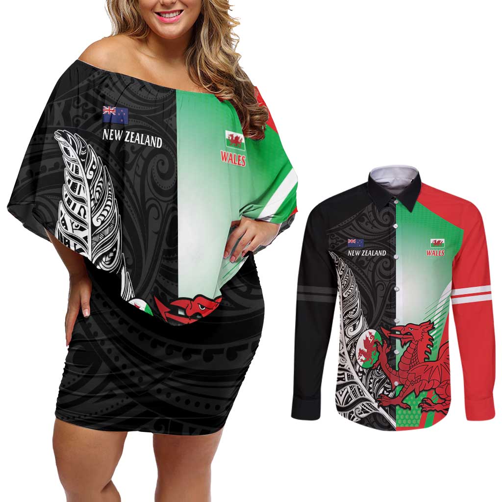 New Zealand and Wales Rugby Custom Couples Matching Off Shoulder Short Dress and Long Sleeve Button Shirt Aotearoa All Black Combine Welsh Dragon - Polynesian Pride