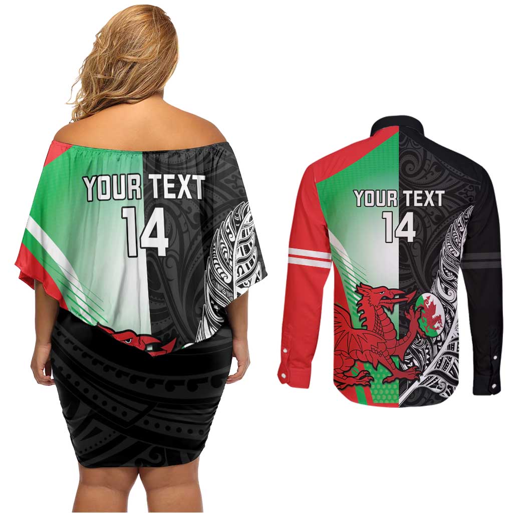 New Zealand and Wales Rugby Custom Couples Matching Off Shoulder Short Dress and Long Sleeve Button Shirt Aotearoa All Black Combine Welsh Dragon - Polynesian Pride