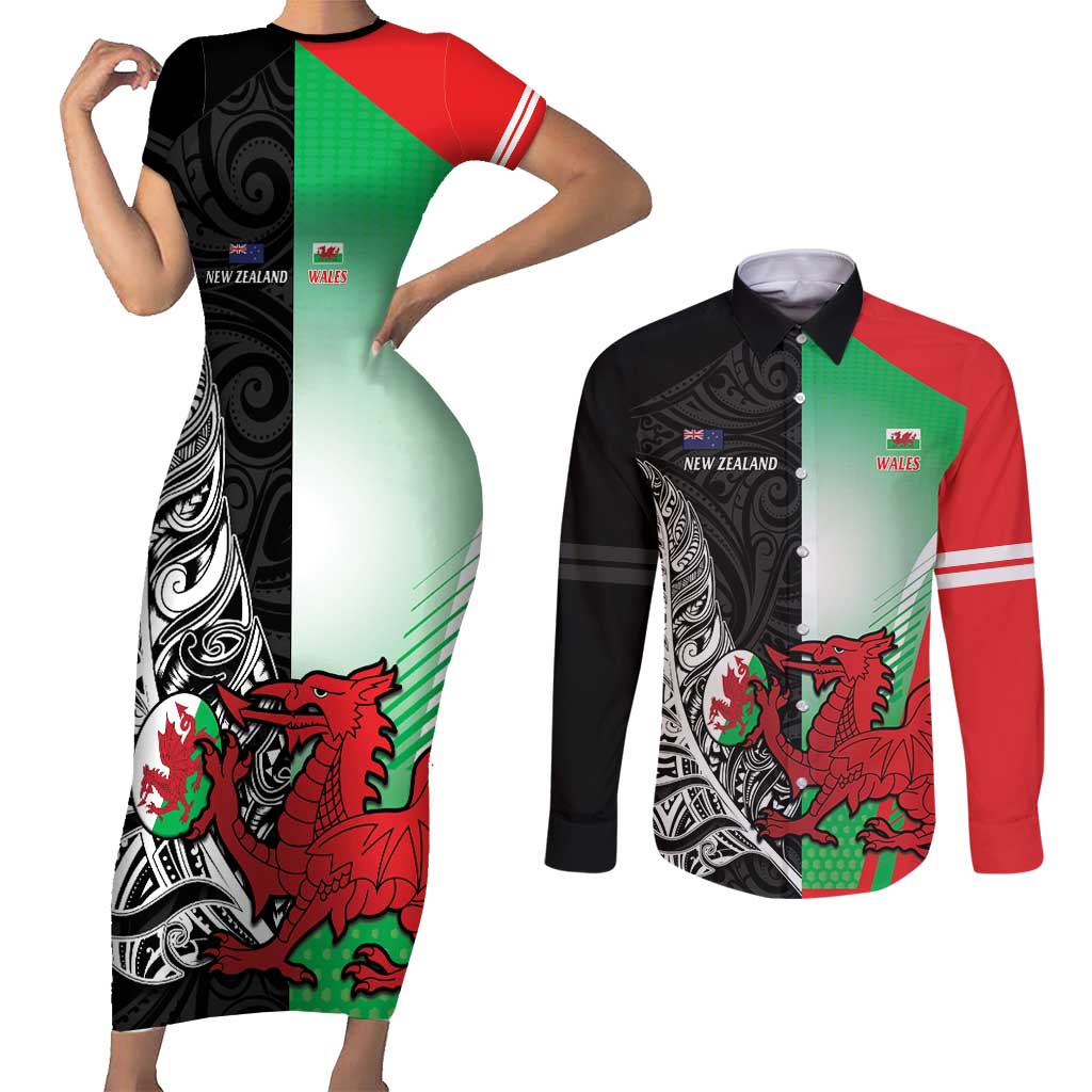 New Zealand and Wales Rugby Custom Couples Matching Short Sleeve Bodycon Dress and Long Sleeve Button Shirt Aotearoa All Black Combine Welsh Dragon - Polynesian Pride