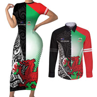 New Zealand and Wales Rugby Custom Couples Matching Short Sleeve Bodycon Dress and Long Sleeve Button Shirt Aotearoa All Black Combine Welsh Dragon - Polynesian Pride
