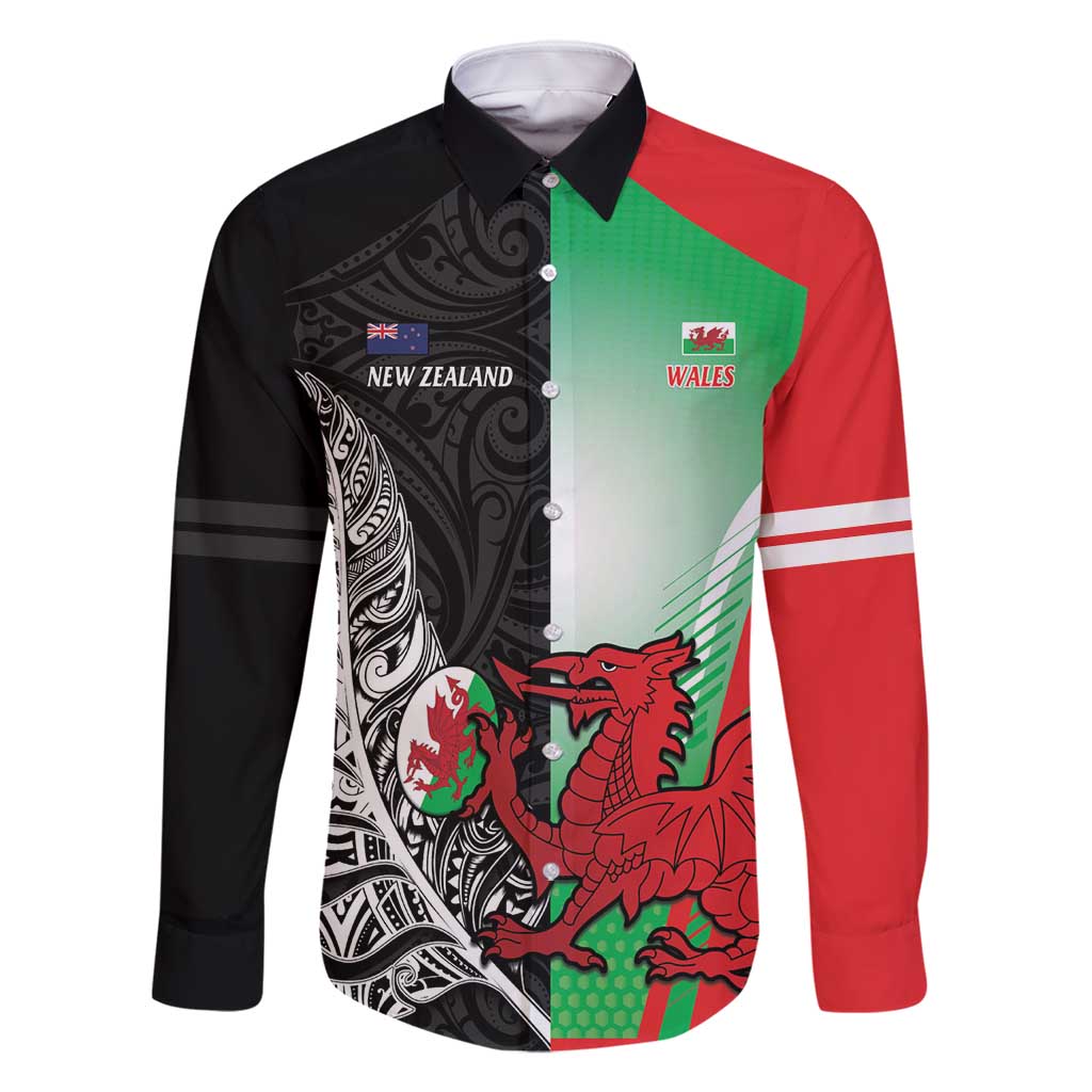 New Zealand and Wales Rugby Custom Family Matching Long Sleeve Bodycon Dress and Hawaiian Shirt Aotearoa All Black Combine Welsh Dragon - Polynesian Pride