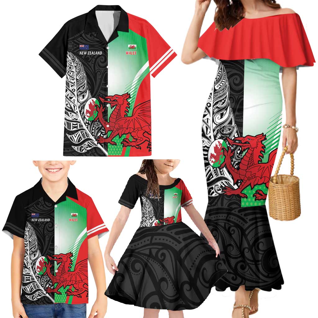 New Zealand and Wales Rugby Custom Family Matching Mermaid Dress and Hawaiian Shirt Aotearoa All Black Combine Welsh Dragon - Polynesian Pride