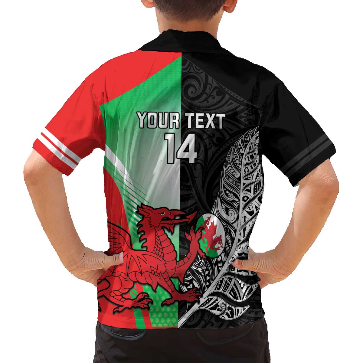 New Zealand and Wales Rugby Custom Family Matching Off The Shoulder Long Sleeve Dress and Hawaiian Shirt Aotearoa All Black Combine Welsh Dragon - Polynesian Pride