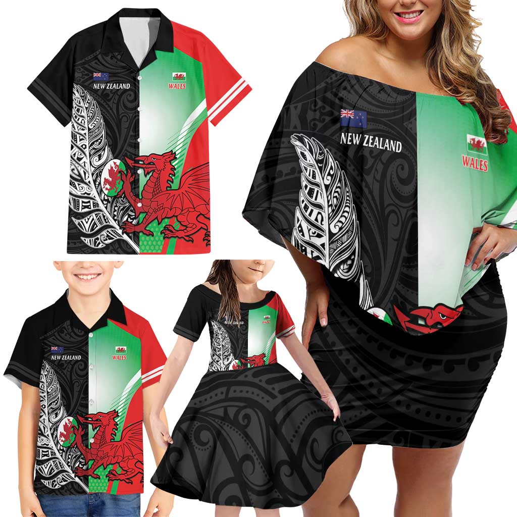 New Zealand and Wales Rugby Custom Family Matching Off Shoulder Short Dress and Hawaiian Shirt Aotearoa All Black Combine Welsh Dragon - Polynesian Pride