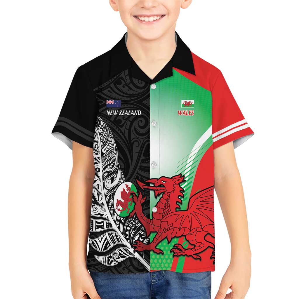 New Zealand and Wales Rugby Custom Family Matching Off Shoulder Short Dress and Hawaiian Shirt Aotearoa All Black Combine Welsh Dragon - Polynesian Pride
