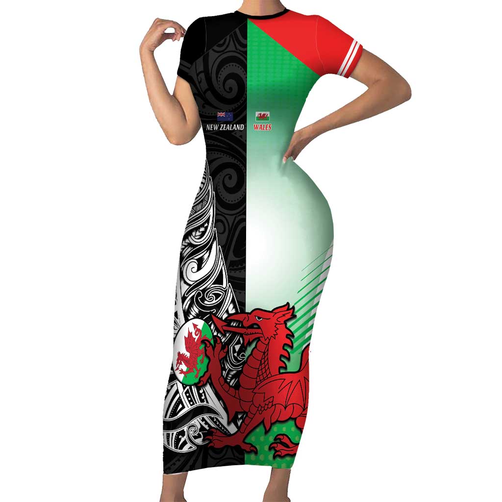 New Zealand and Wales Rugby Custom Family Matching Short Sleeve Bodycon Dress and Hawaiian Shirt Aotearoa All Black Combine Welsh Dragon - Polynesian Pride