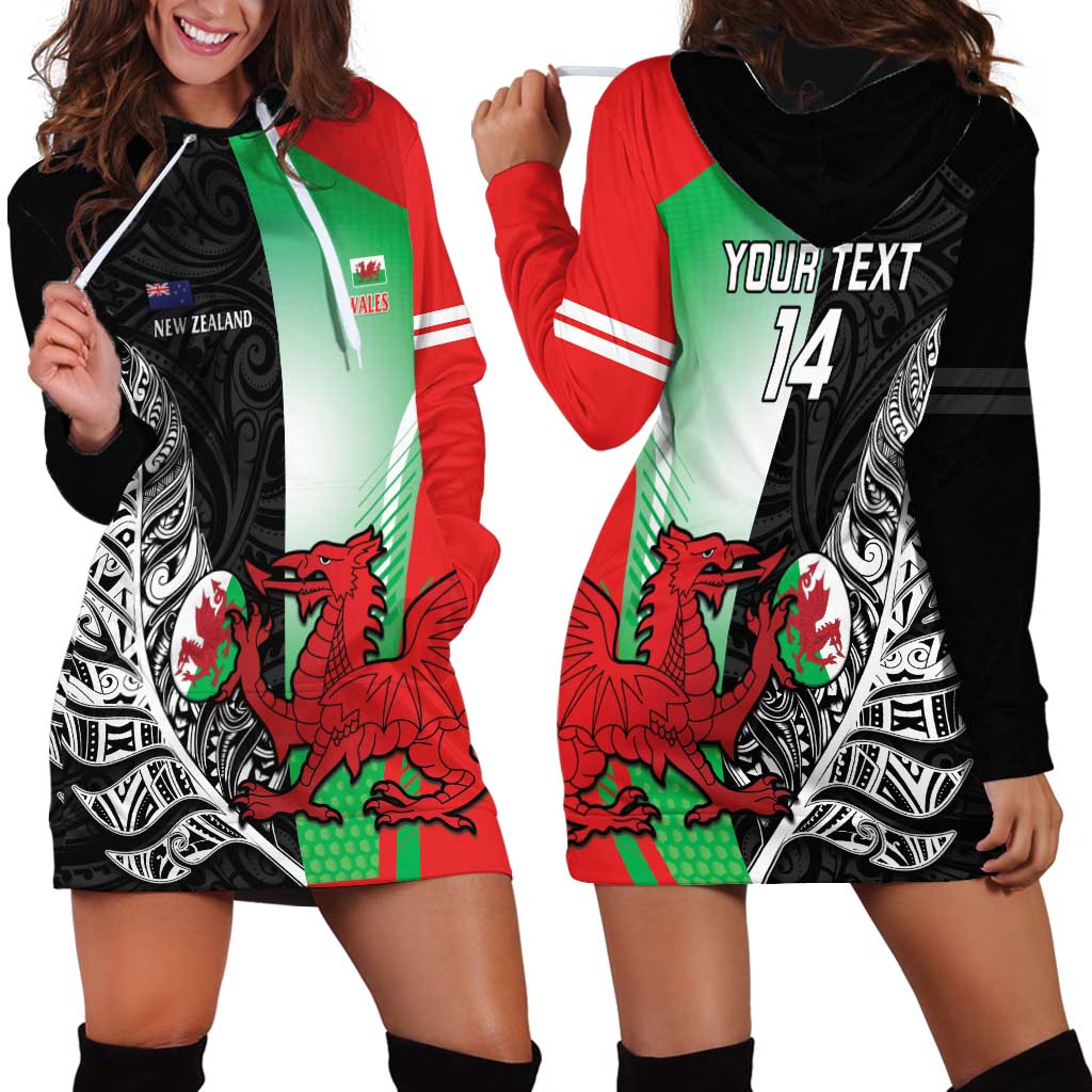 New Zealand and Wales Rugby Custom Hoodie Dress Aotearoa All Black Combine Welsh Dragon - Polynesian Pride