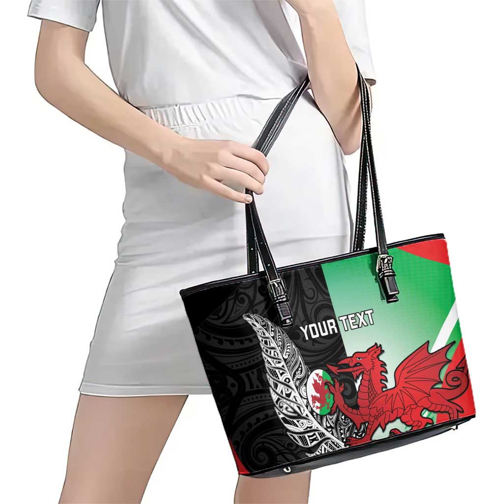 New Zealand and Wales Rugby Custom Leather Tote Bag Aotearoa All Black Combine Welsh Dragon - Polynesian Pride